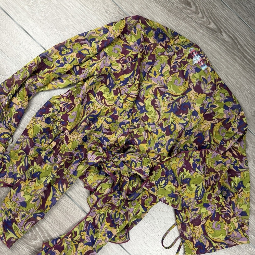 Urban Outfitters Women's Tie Front Abstract Floral Blouse Green Purple Medium